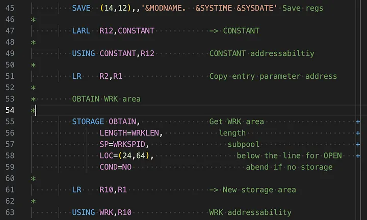 Snapshot of the HLASM code found @ https://github.com/dkelosky/assembler-metal-template/blob/v6/zossrc/template.s